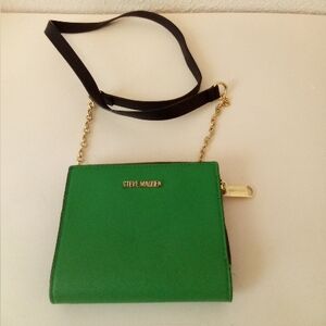 Steve Madden Green Black Gold Chain Faux Leather Zip Snap Crossbody Bag